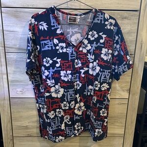 Navy Blue Floral Scrub Top